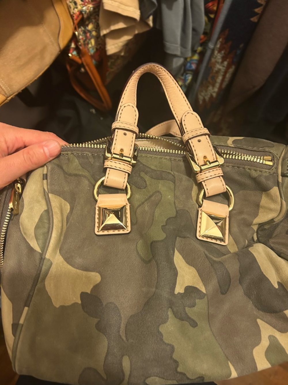 Michael Kors Green Camo Satchel and Wristlet with Pale Pink Trim - Picture 7 of 11